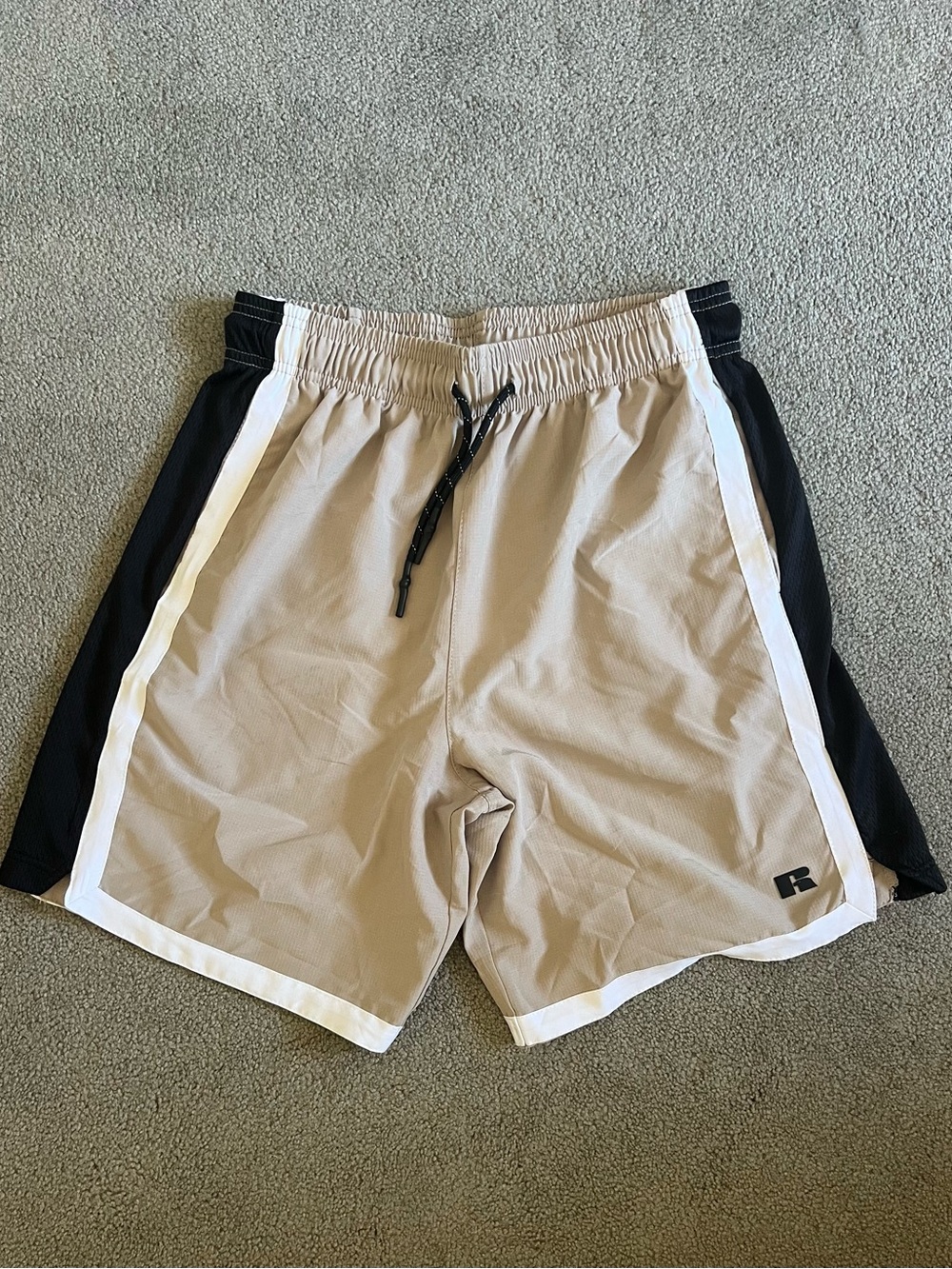 Russell Athletic Tan Shorts with Black Side Panels and White Trim